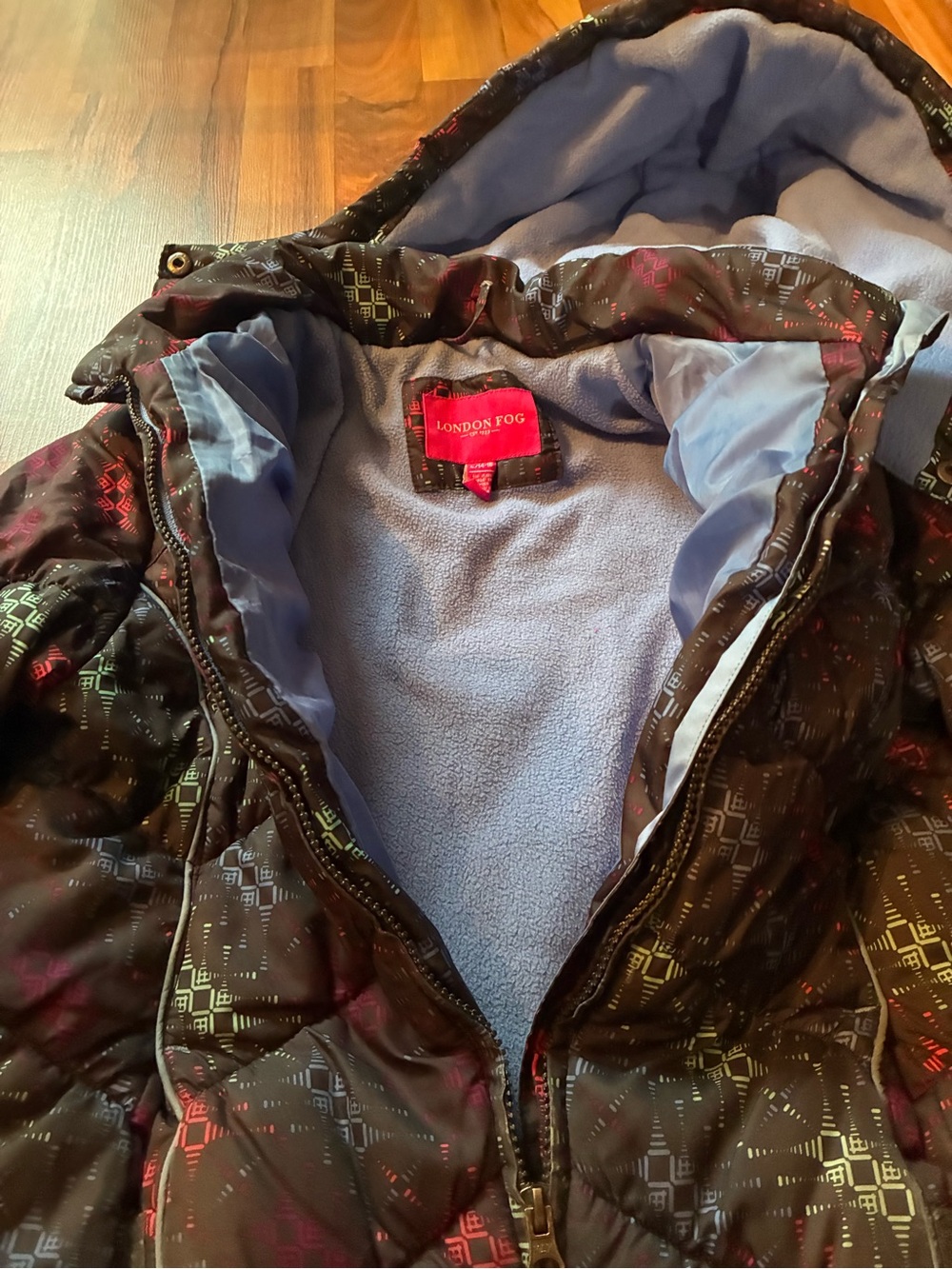London Fog Kids Brown Patterned Puffer Jacket with Light Blue Lining